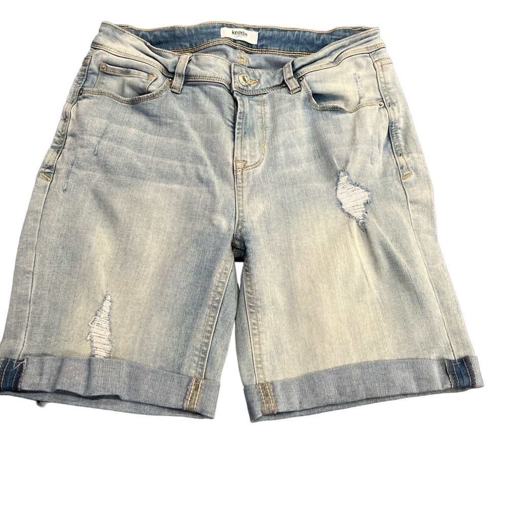 Kensie Jeans Women's 
Light Blue Denim Distressed Bermuda Shorts